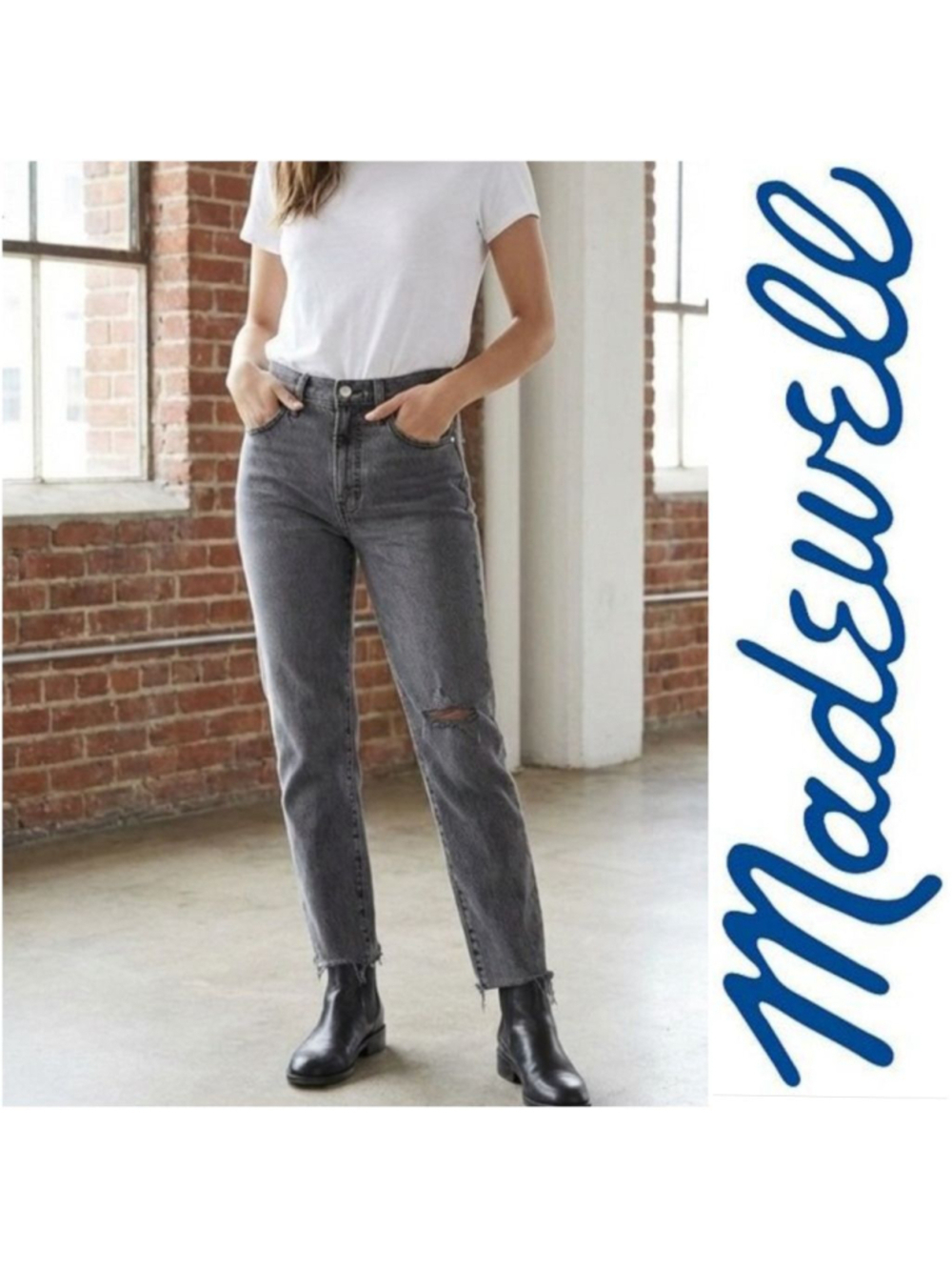 Madewell 27 Perfect Vintage Jeans Knee Rip High Rise Raw Hem Cosner Black Gray - Picture 2 of 12